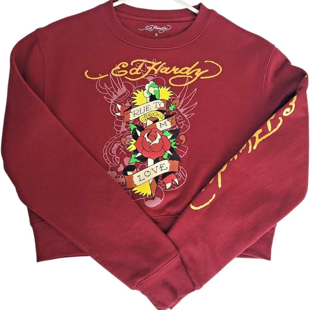 Ed Hardy Graphic Crop Pullover Sweatshirt Shirt Red Small Rose Tattoo Y2K Retro - Picture 5 of 12